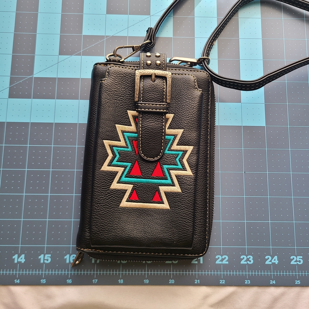 Montana West Southwestern Embroidered Black Leather Crossbody Cell Phone Purse